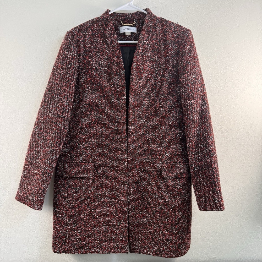 Calvin Klein Womens Blazer Jacket Size 14 Red Black Tweed Open Front Career Coat